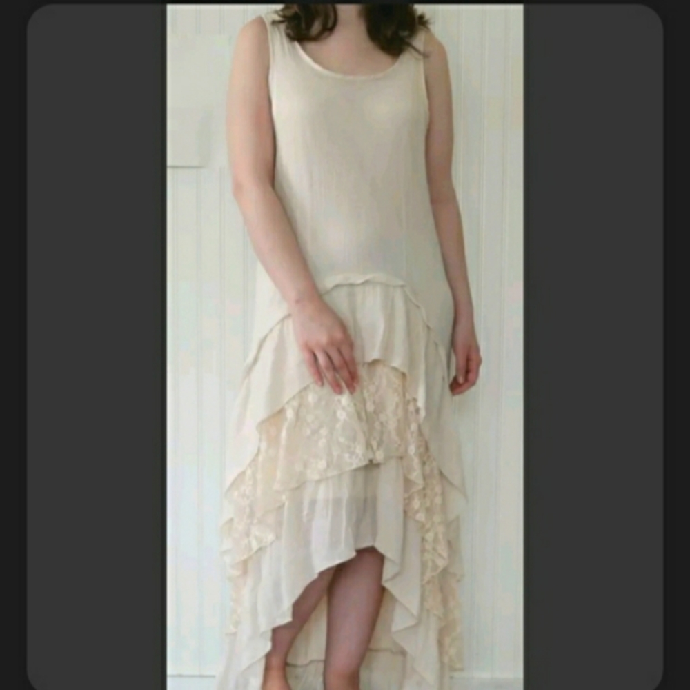 Cottage Boho Lagen Look Ivory Dress Long Line Maxi Sleeveless Women's Medium